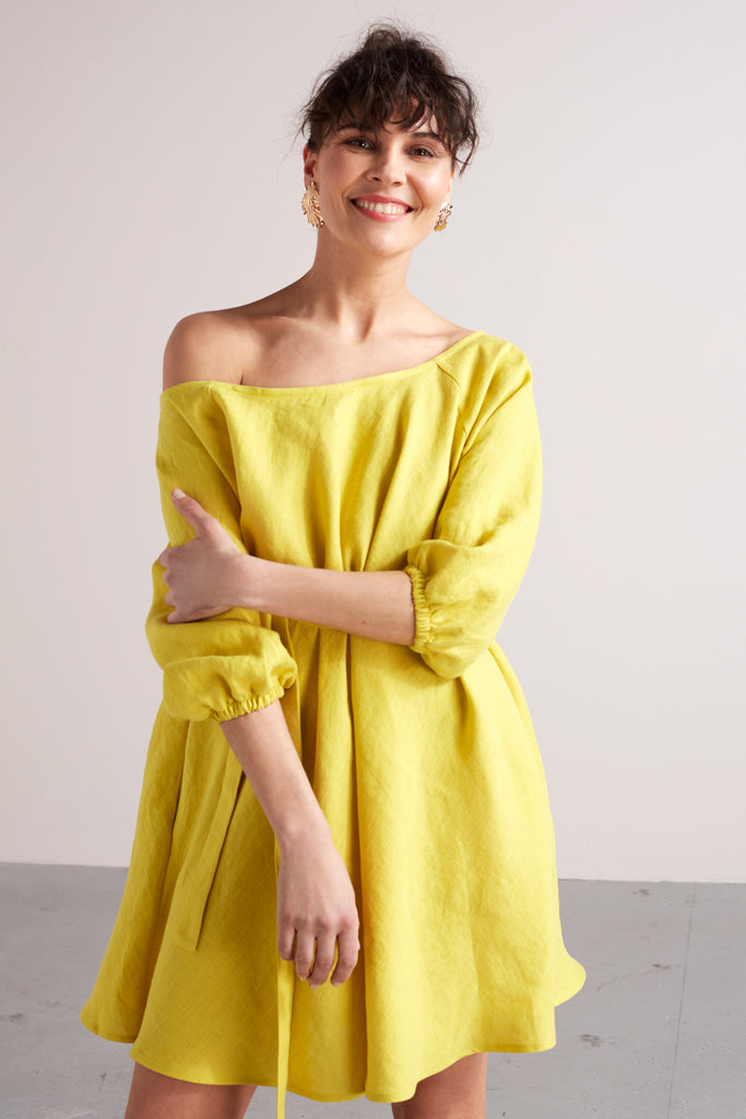 MILA mini flared of-the-shoulder linen dress in lemon yellow