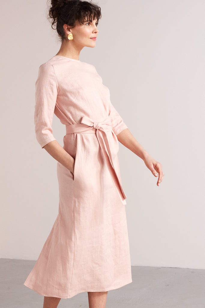 MILENA belted midi linen dress in dusty pink