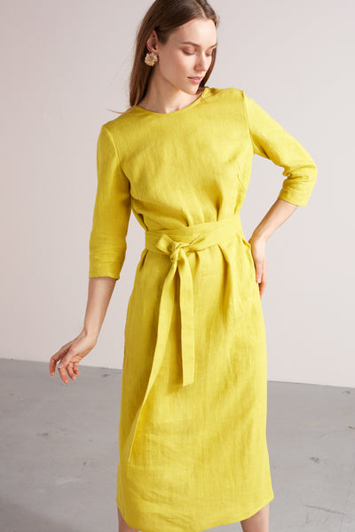 MILENA belted midi linen dress in lemon yellow