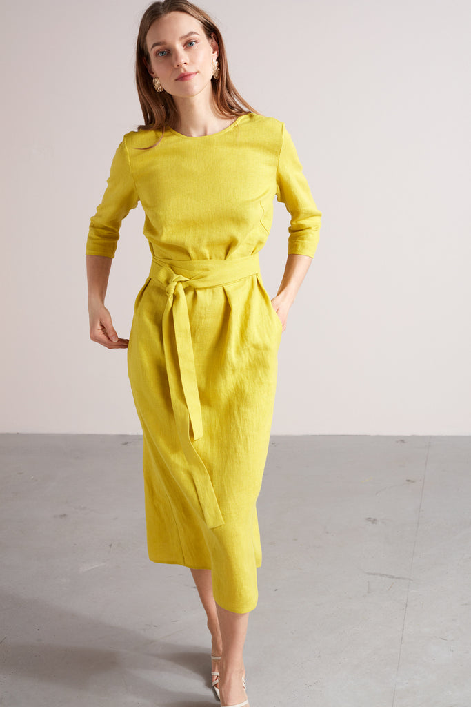 MILENA belted midi linen dress in lemon yellow