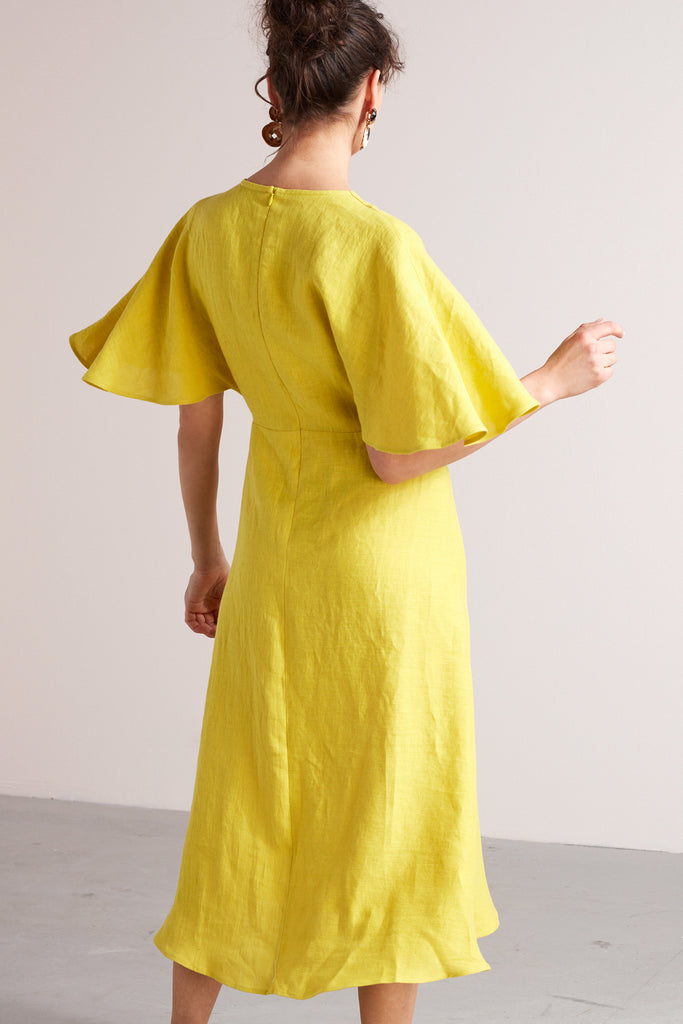 NORA midi butterfly sleeves linen dress in lemon yellow