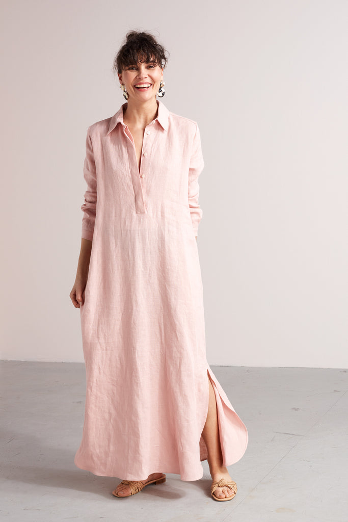 ZUMA A silhouette linen midi shirt dress in dusty pink – • unlined