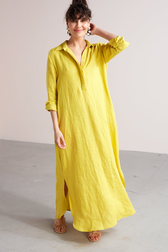 ZUMA A silhouette linen midi shirt dress in lemon yellow