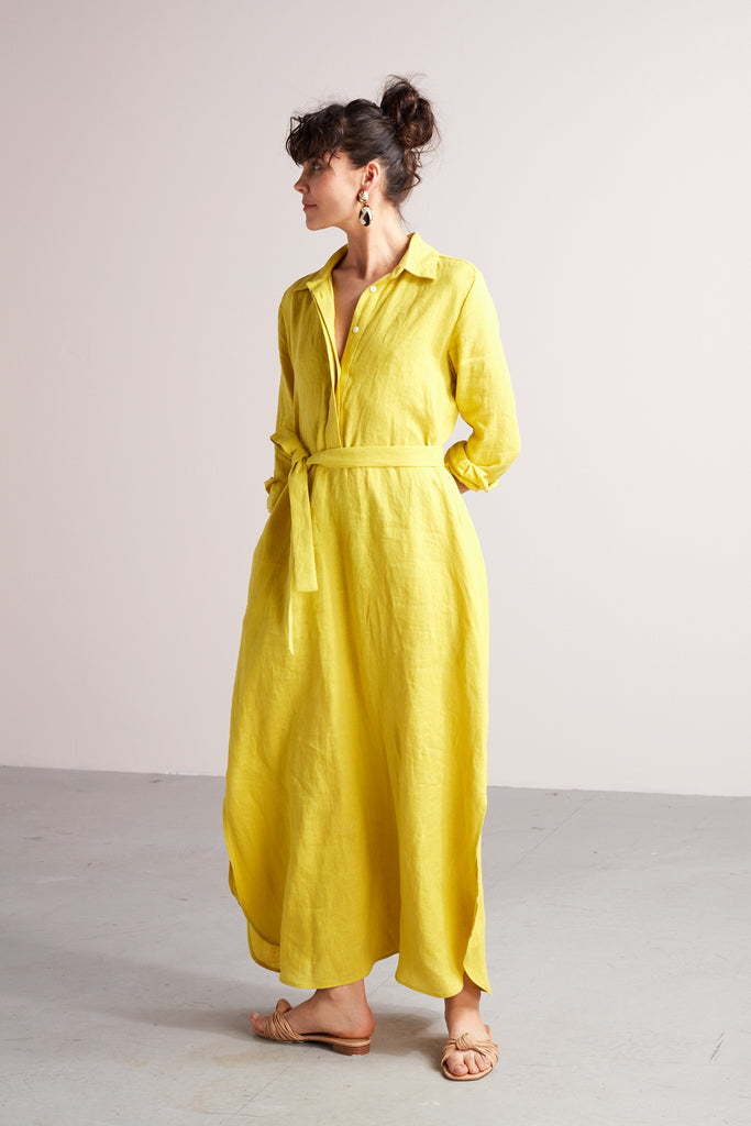 ZUMA A silhouette linen midi shirt dress in lemon yellow